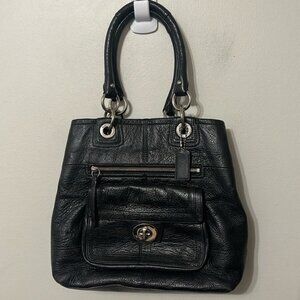 Coach F15694 Large Hampton Turnlock Tote Shoulder Bag Black Leather Bag